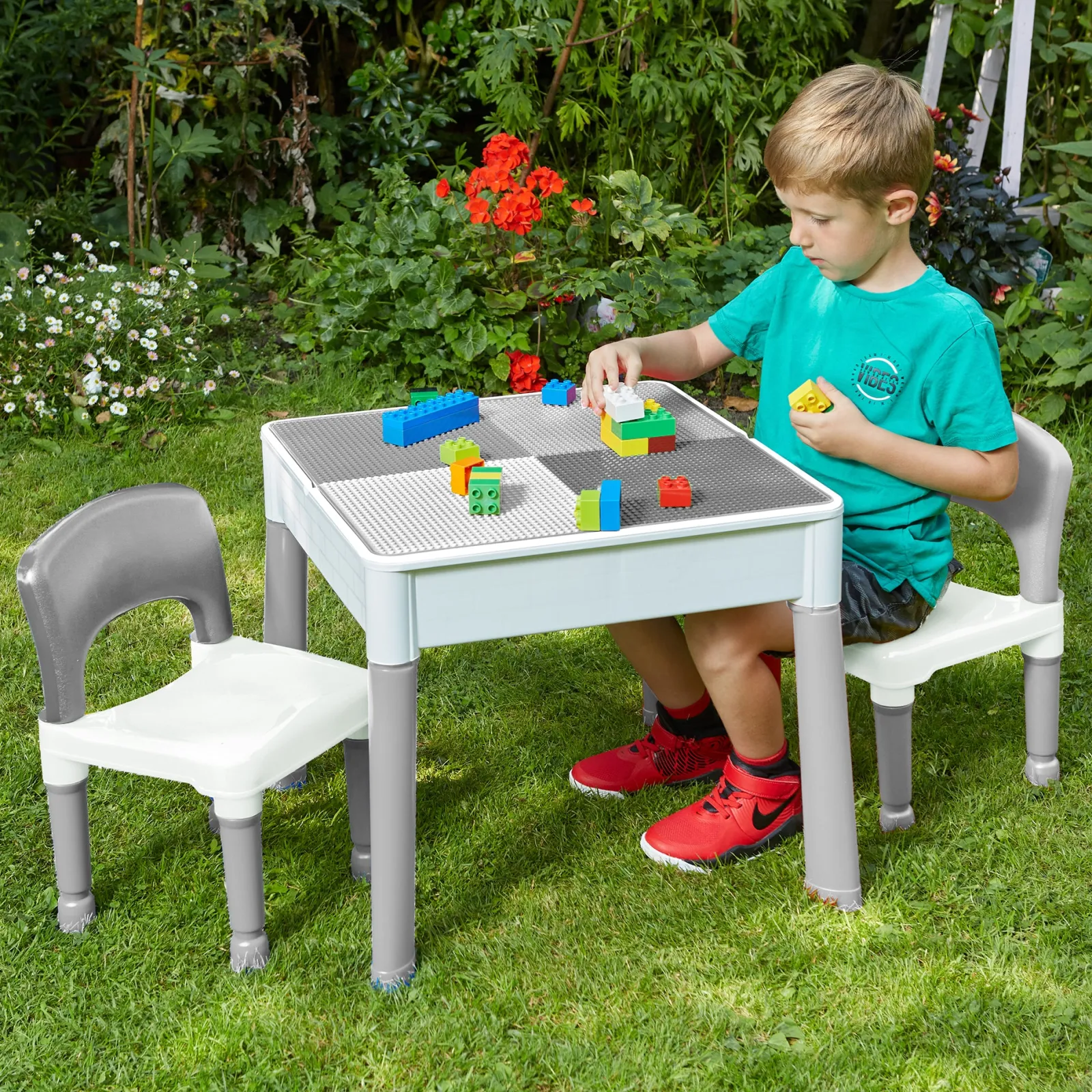 Little Helper Sand & Water Table & Sandpits & Mud Kitchens | Montessori Toys & Products | Montessori 5-in-1 Table & 2 Chairs Set | Sand & Water Pit | Lego | Dry Wipe Top | Grey & White