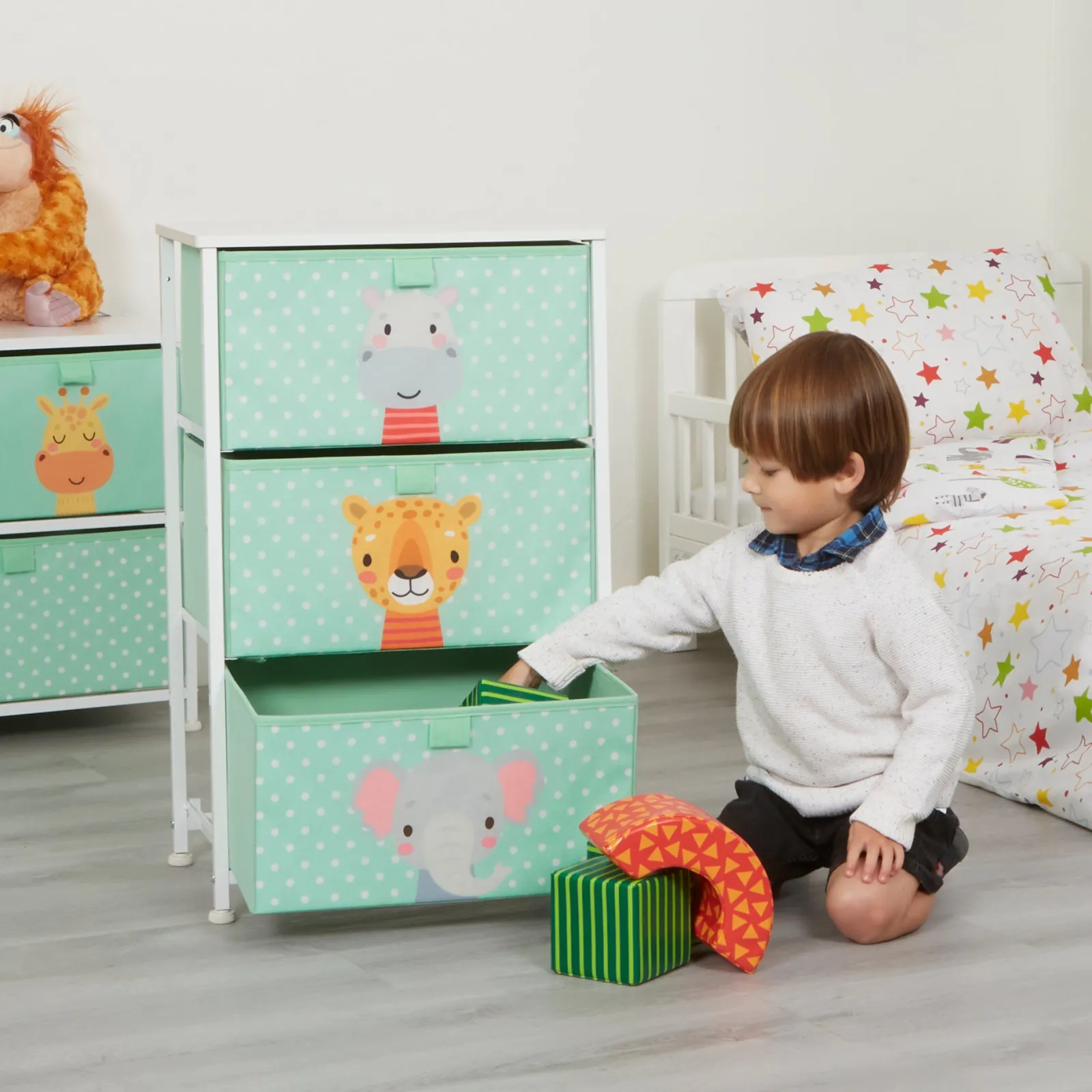 Little Helper Montessori Toys & Products | Toy Storage Units | Montessori Jungle Safari Toy Storage with Drawers | Children's Bedside Table | 73 x 45 x 30cm