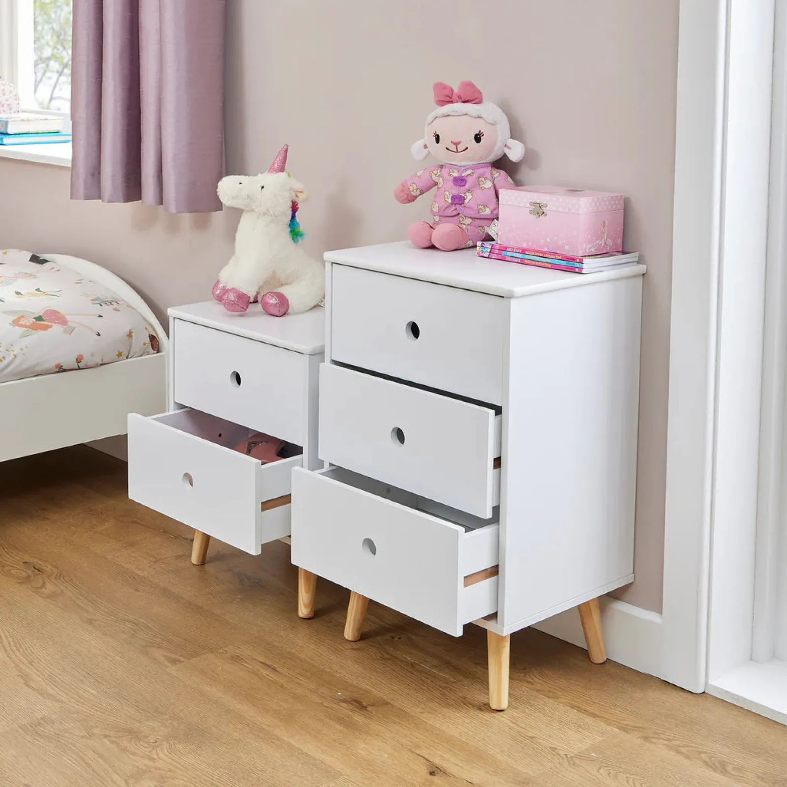 Little Helper Toy Storage Units | Toy Storage Units | Montessori Modern Bedside Drawers | Children's Toy Storage | White | Pine Legs