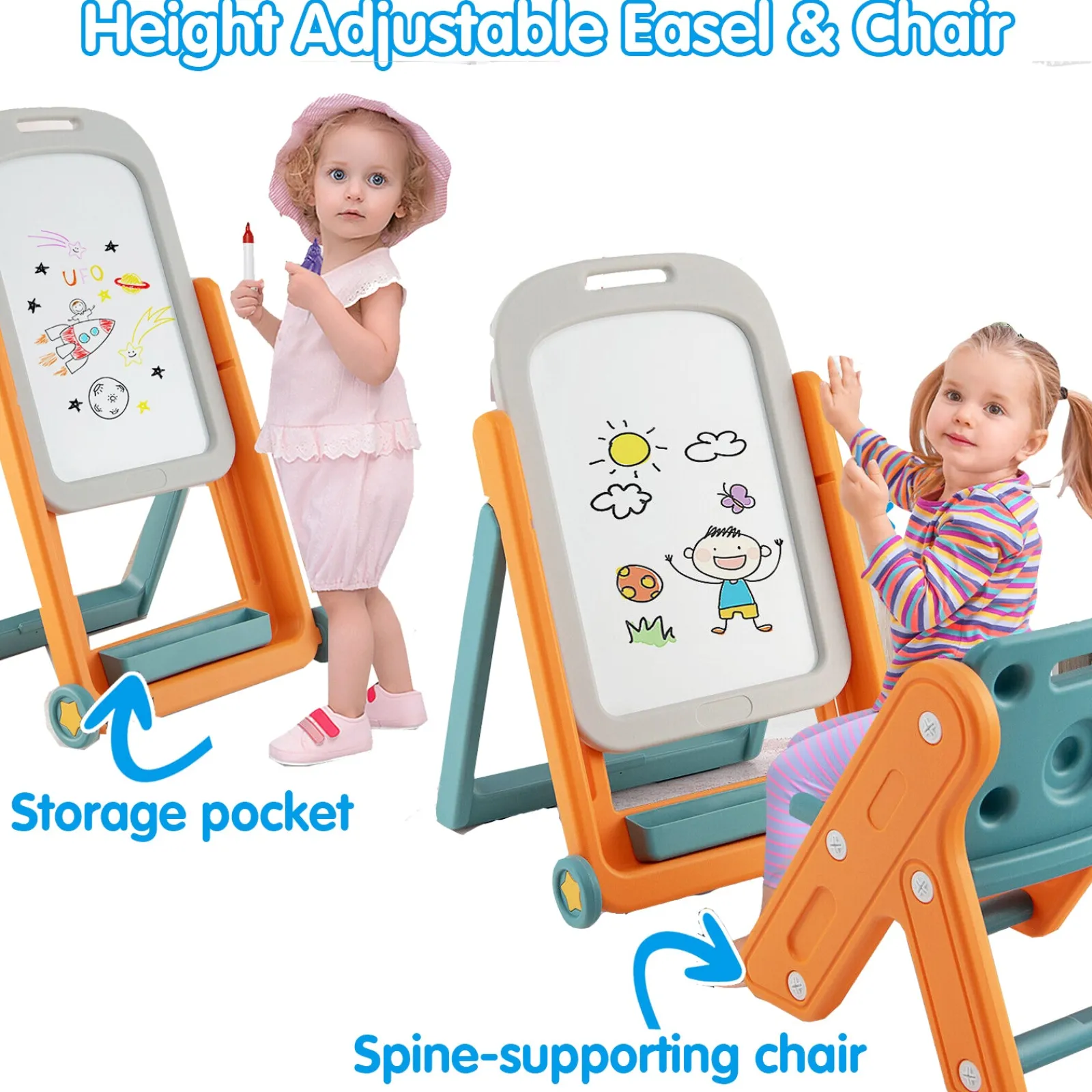 Little Helper Easels & Accessories | Kids Easels & Accessories | Montessori Portable & Foldable Height Adjustable Easel & Spine-Supporting Chair | 3-7 Years