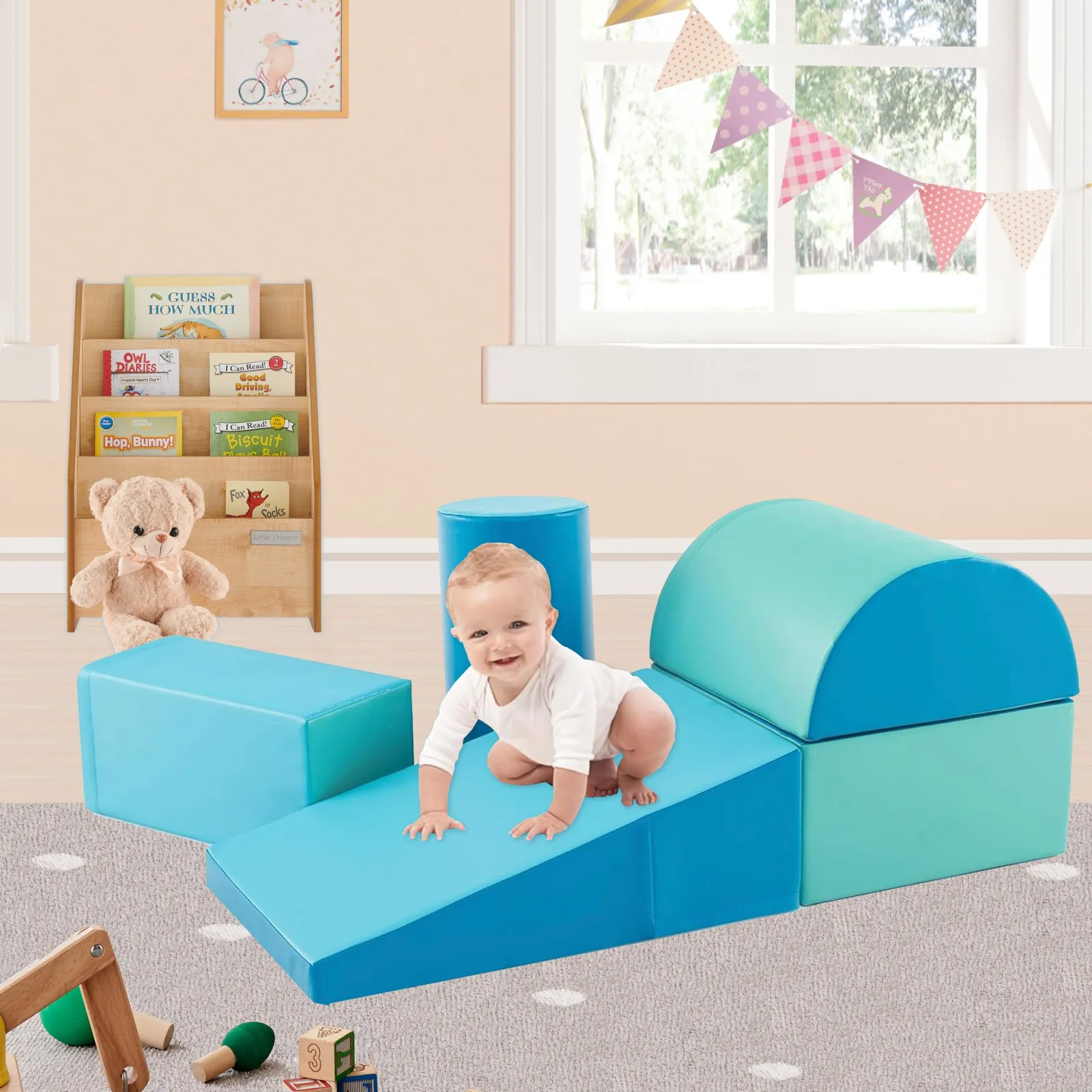 Little Helper Swing & Slide Sets & Garden Play & Trampolines | Kids Climbing Frames & Activity Toys | Montessori Soft Play Equipment | Pikler 5 Piece Foam Soft Play Set | Soft Play Slide & Bridge | Blues Set | 1-3 years