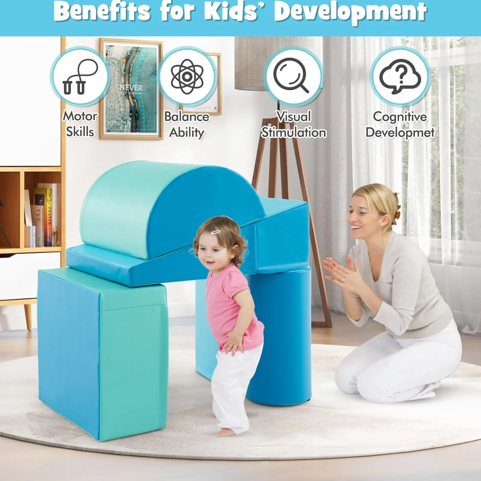 Little Helper Swing & Slide Sets & Garden Play & Trampolines | Kids Climbing Frames & Activity Toys | Montessori Soft Play Equipment | Pikler 5 Piece Foam Soft Play Set | Soft Play Slide & Bridge | Blues Set | 1-3 years