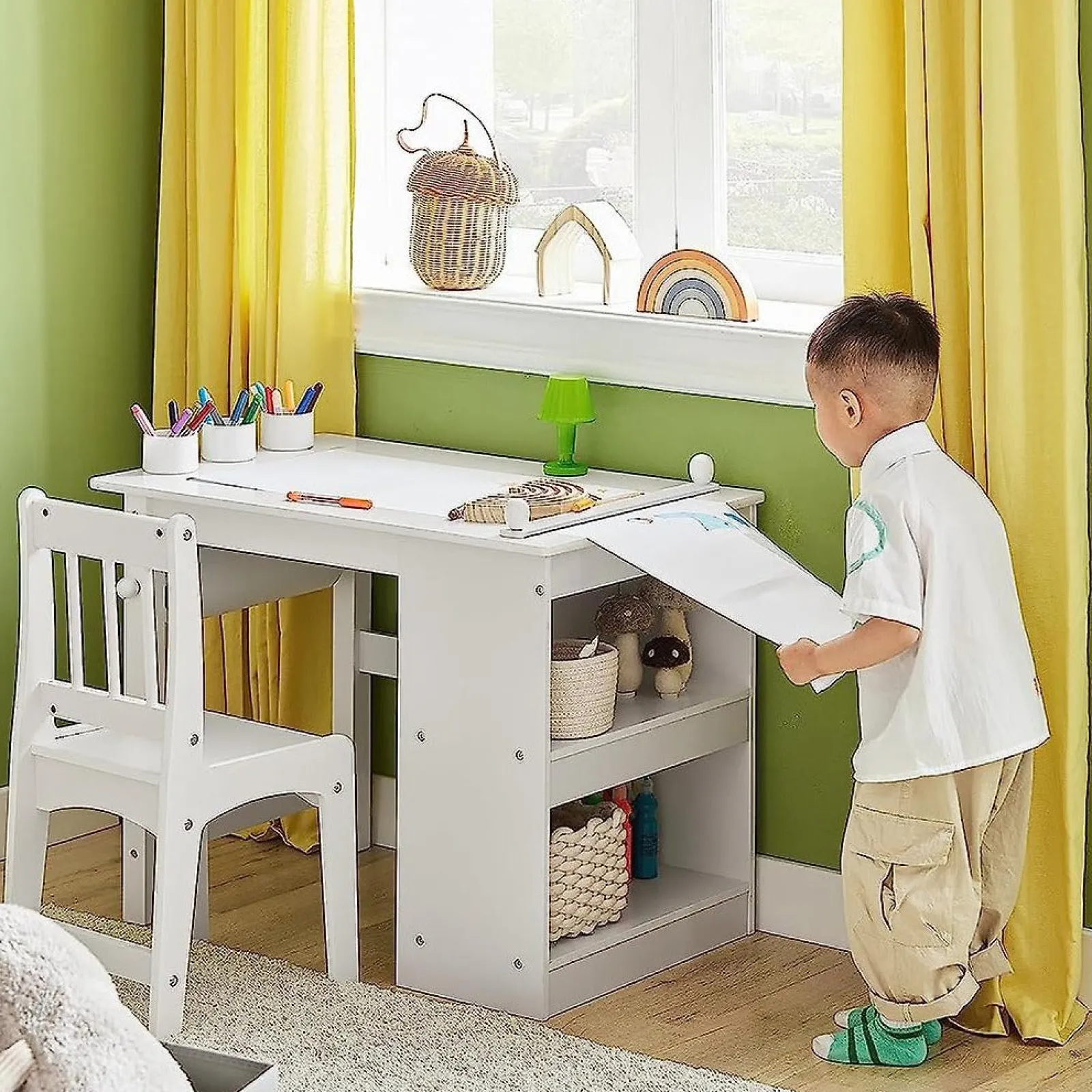 Little Helper Montessori Toys & Products | Table & Chairs (wooden) | Montessori Space-Saving Children's Homework Desk | Paper Roll | Storage | White | Ergonomic Chair | 5-12 Years