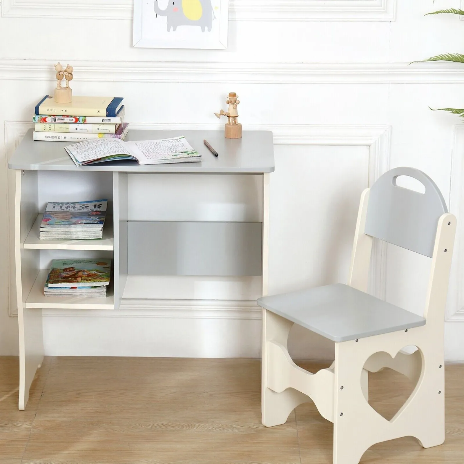 Little Helper Table & Chairs (wooden) | Montessori Sweetheart Children's Homework Desk | Bookshelf | Storage & Stool | Cream & Grey | 3-10 Years