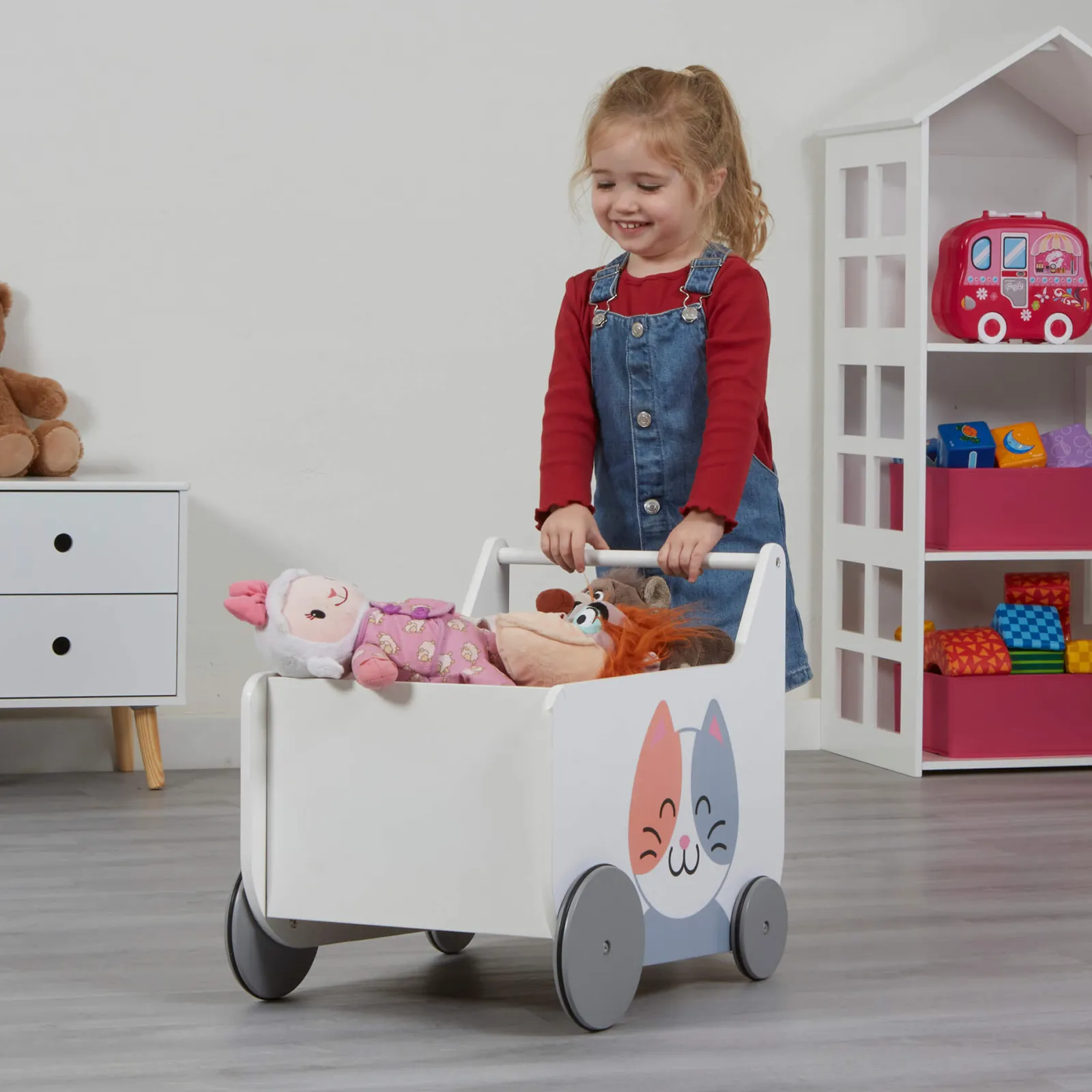 Little Helper Montessori Toys & Products | Toy Storage Units | Montessori Toy Box | Toy Storage | Cat and Dog Push Along Trolley