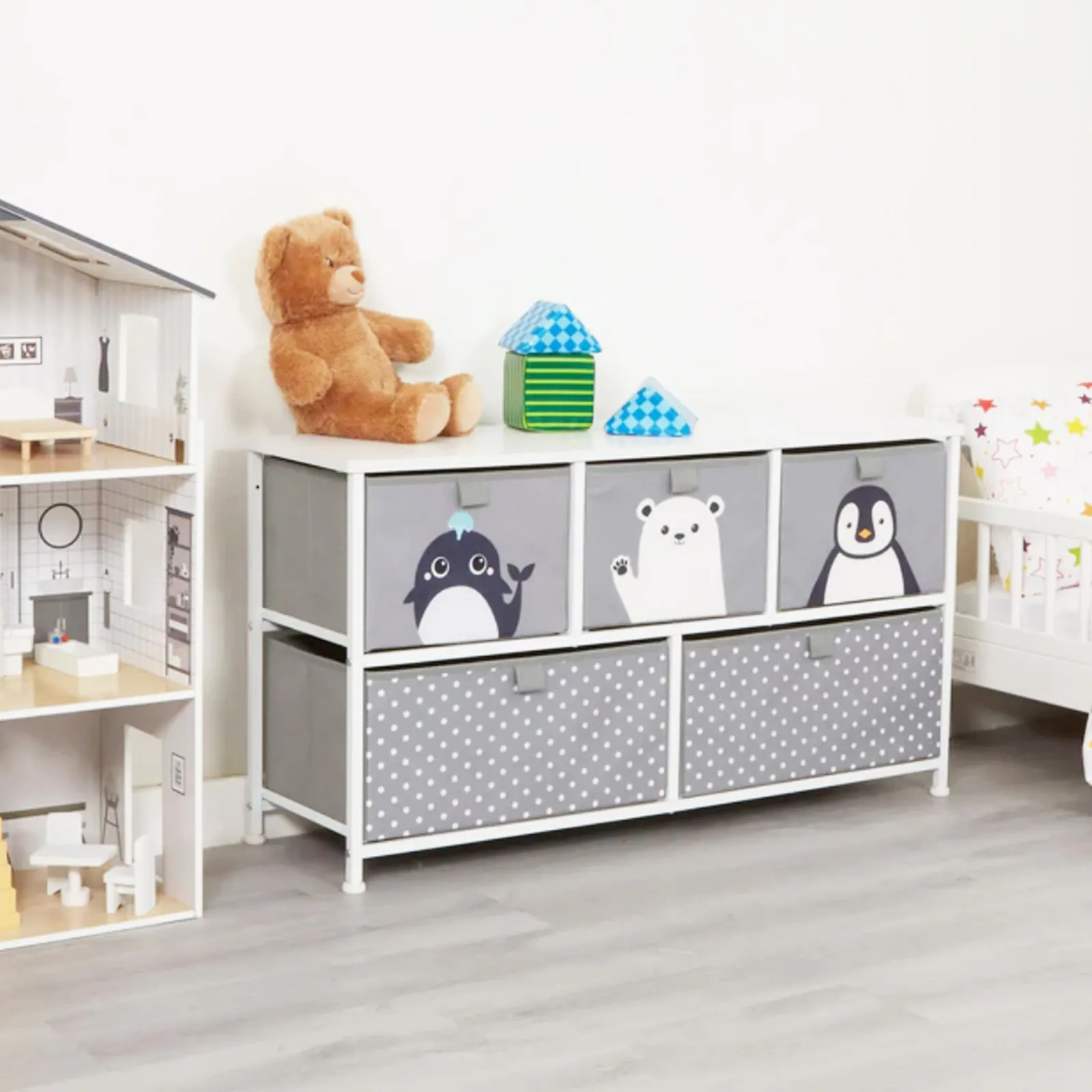 Little Helper Montessori Toys & Products | Toy Storage Units | Montessori Toy Storage with Large Drawers | Children's Toy Box | Bench Seat | Penguin, Whale & Polar Bear | Grey