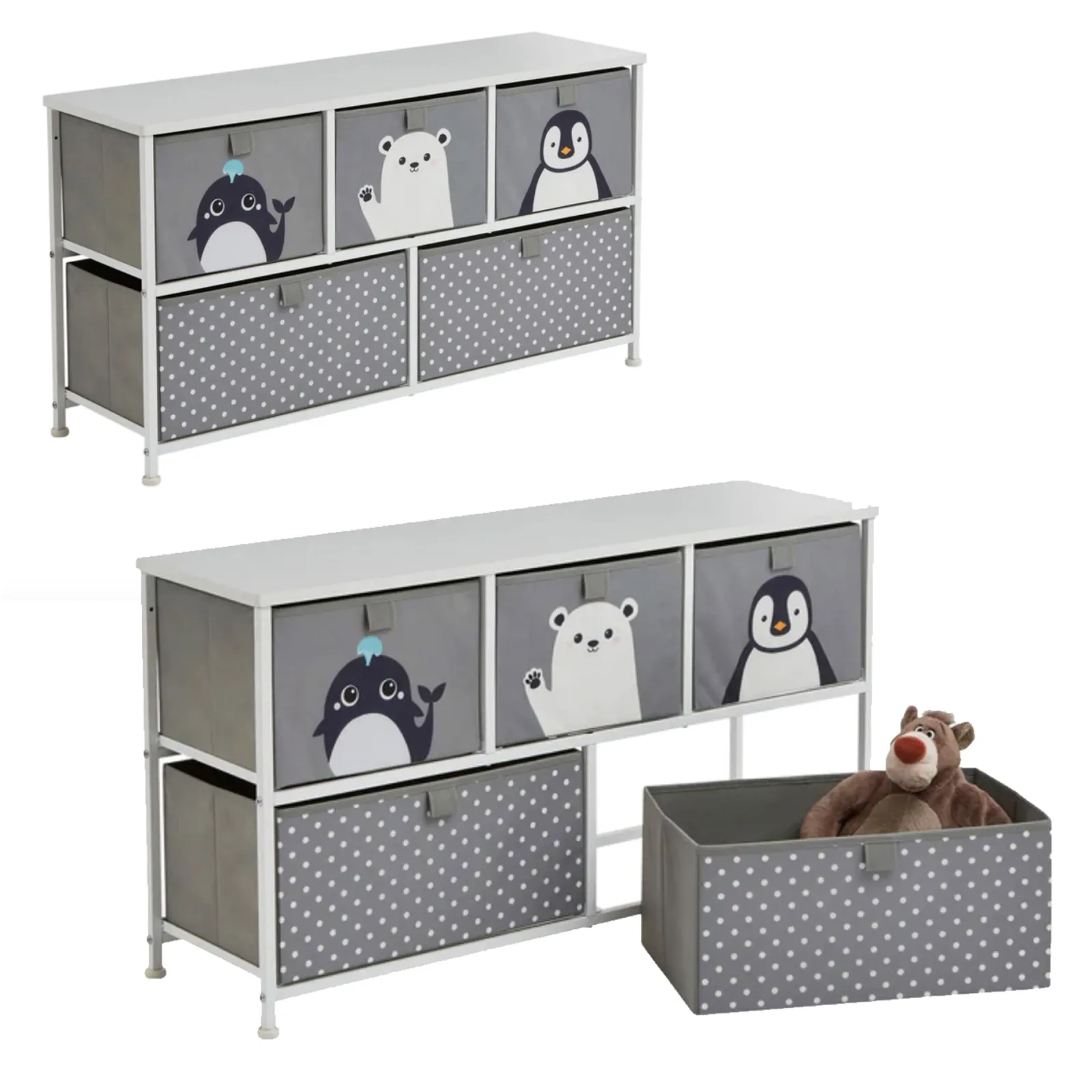Little Helper Montessori Toys & Products | Toy Storage Units | Montessori Toy Storage with Large Drawers | Children's Toy Box | Bench Seat | Penguin, Whale & Polar Bear | Grey