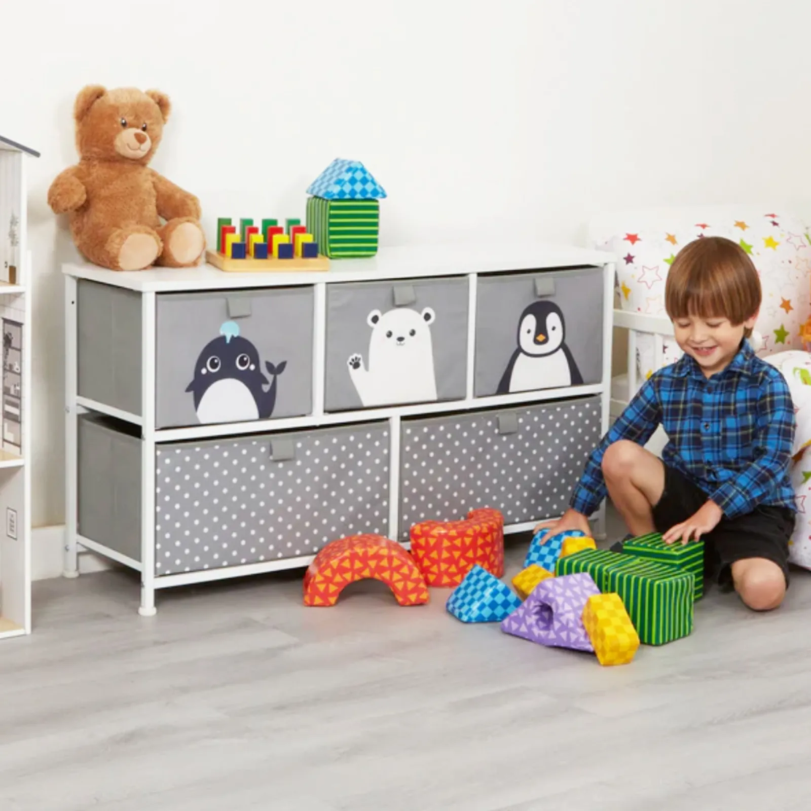 Little Helper Montessori Toys & Products | Toy Storage Units | Montessori Toy Storage with Large Drawers | Children's Toy Box | Bench Seat | Penguin, Whale & Polar Bear | Grey