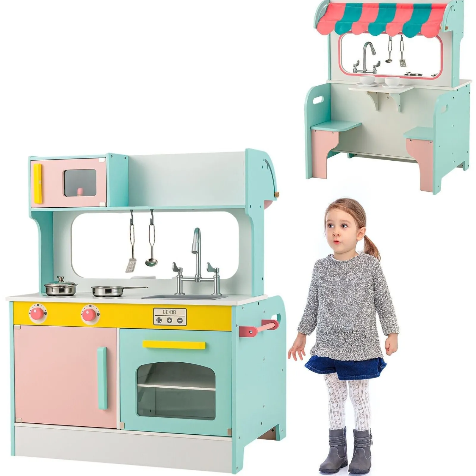 Little Helper Toy Kitchens | Montessori Toys & Products | Montessori Two Sided Kids Play Kitchen & Diner | Cooking Playset | 3 years+ | 2 Colours