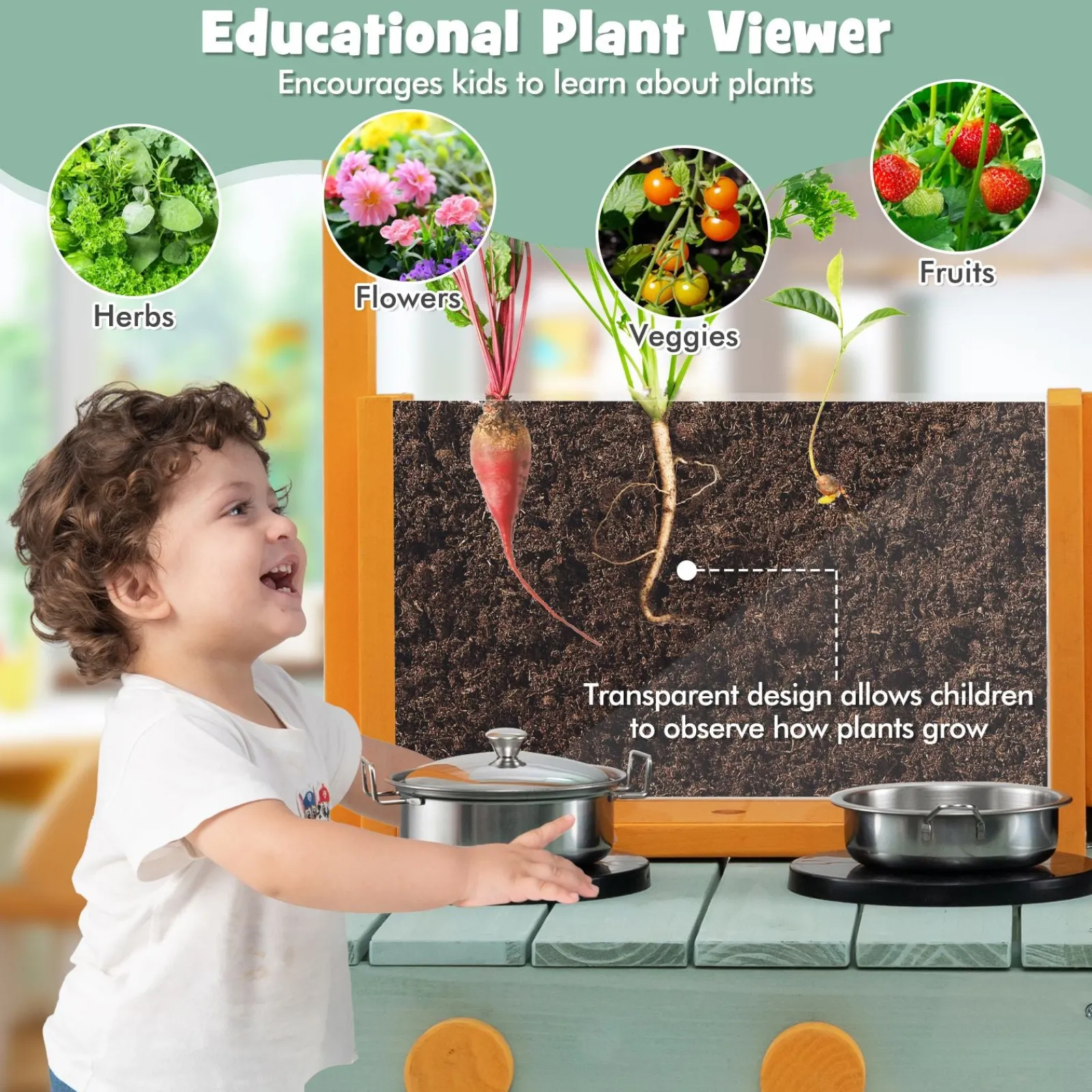 Little Helper Toy Kitchens | Montessori Wooden Mud Kitchen | Root Viewing Planter | Indoor and Outdoor Use | 3 Years +