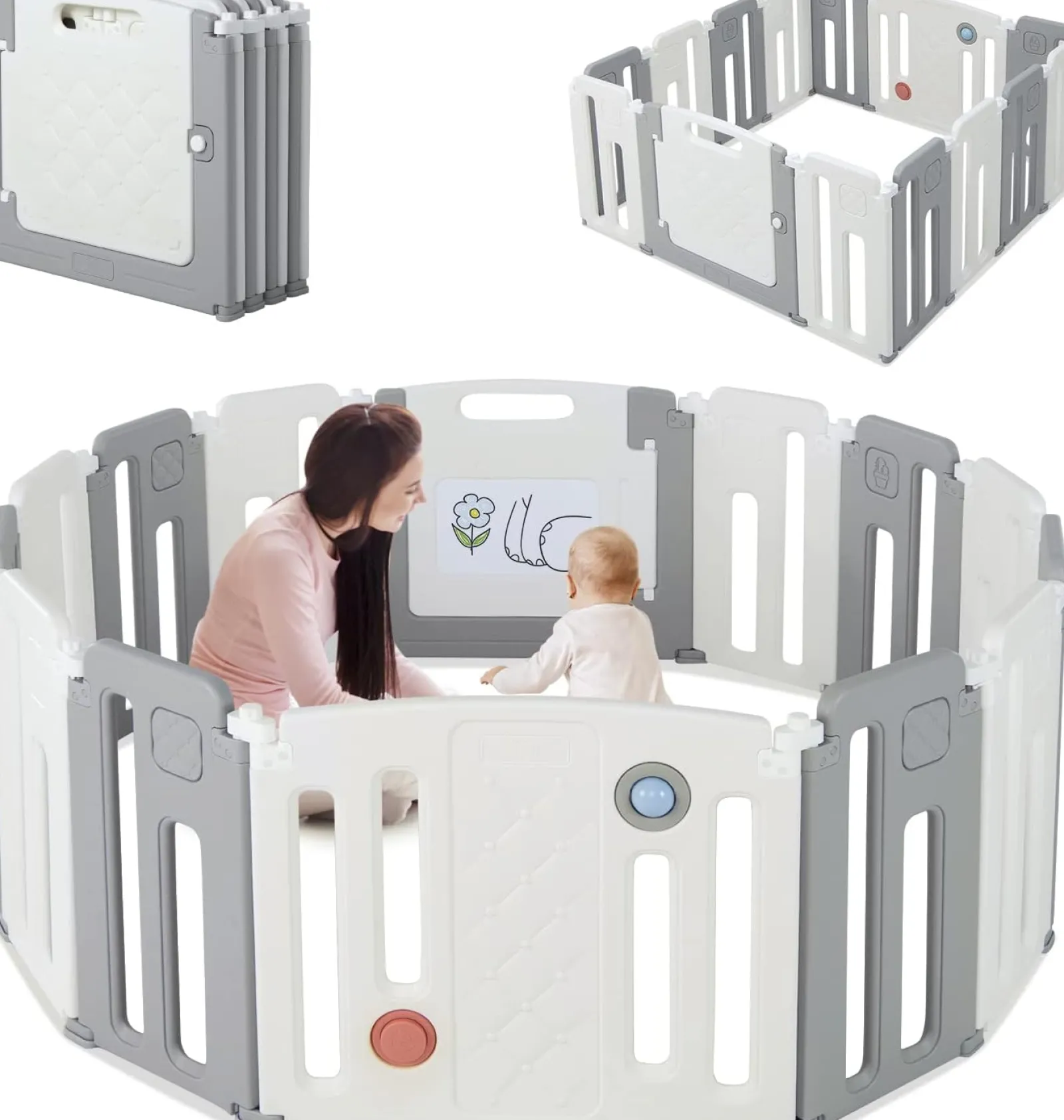 Little Helper Ball Pits & Ball Pools | Baby Playpens | 14 Panel Foldable & Modular Baby Playpen | Ball Pool | Activity Panel w/Sounds | Grey & White