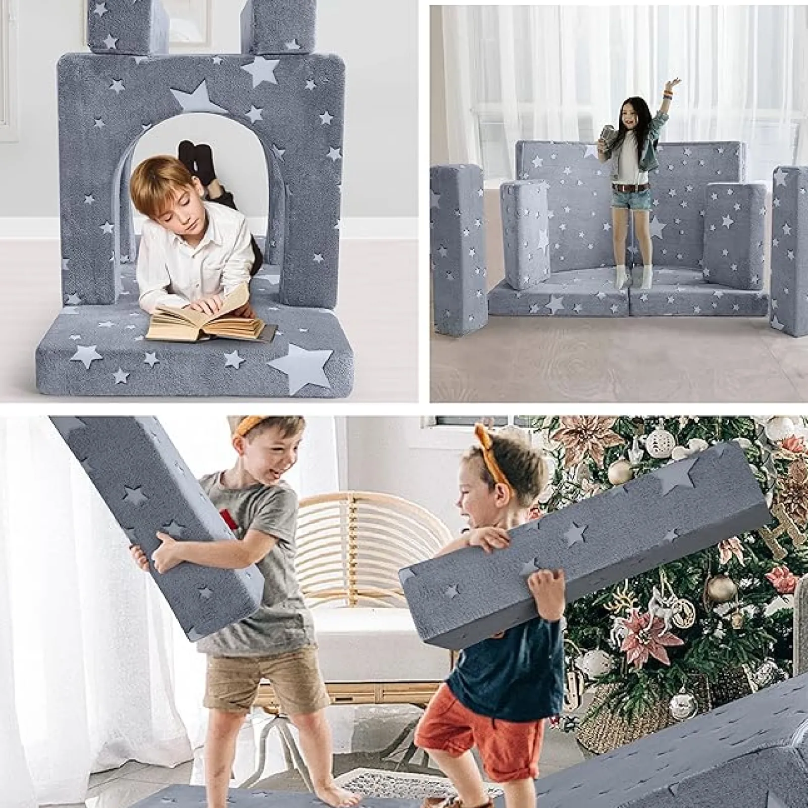 Little Helper Soft Play Sets & Crawl & Climb | Soft Play Sets & Crawl And Climb Equipment | 8 PC Glow-in-the-Dark Montessori Modular Soft Play Set | Foam Building Blocks | Sofa Couch | Grey