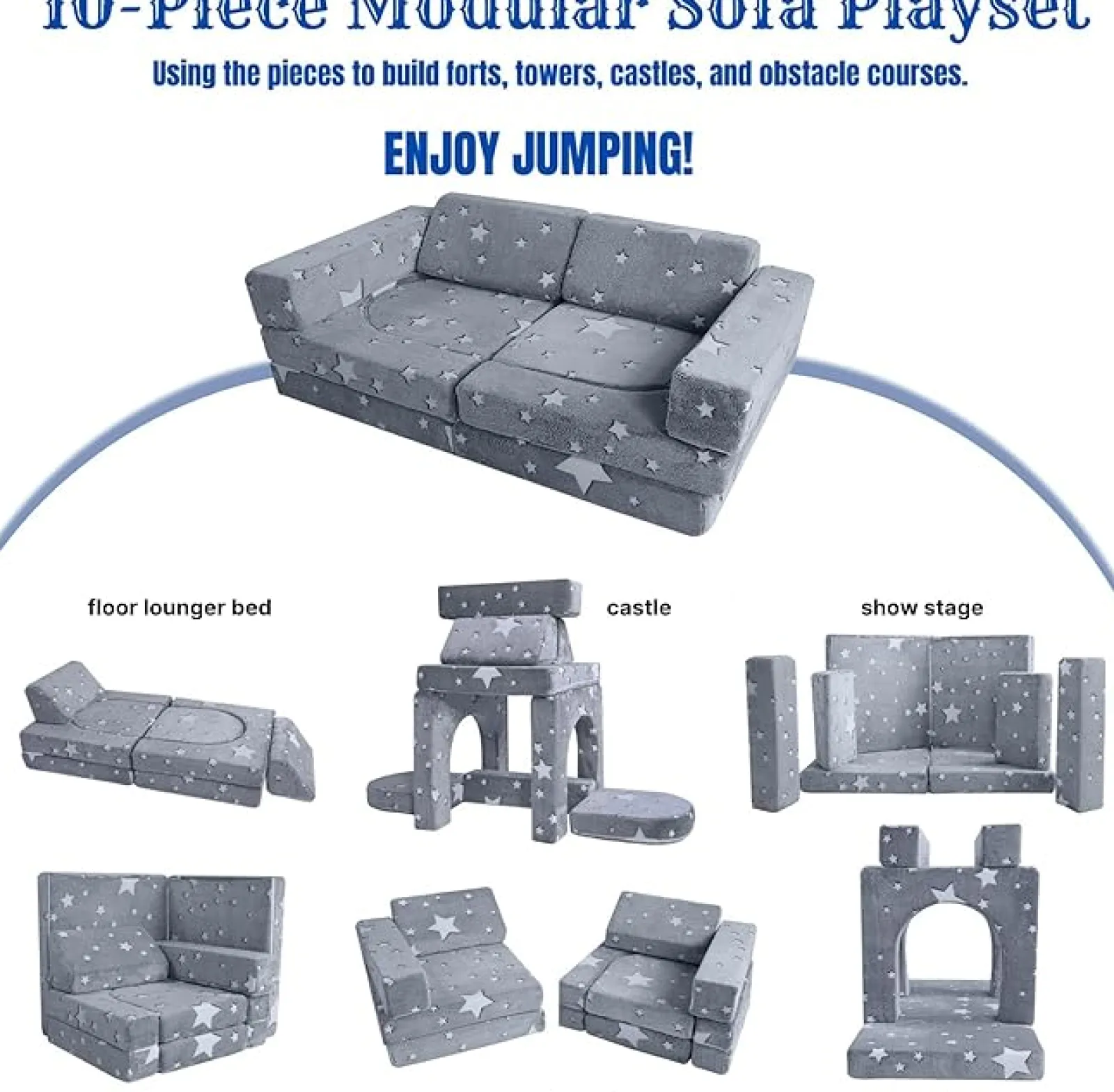 Little Helper Soft Play Sets & Crawl & Climb | Soft Play Sets & Crawl And Climb Equipment | 8 PC Glow-in-the-Dark Montessori Modular Soft Play Set | Foam Building Blocks | Sofa Couch | Grey