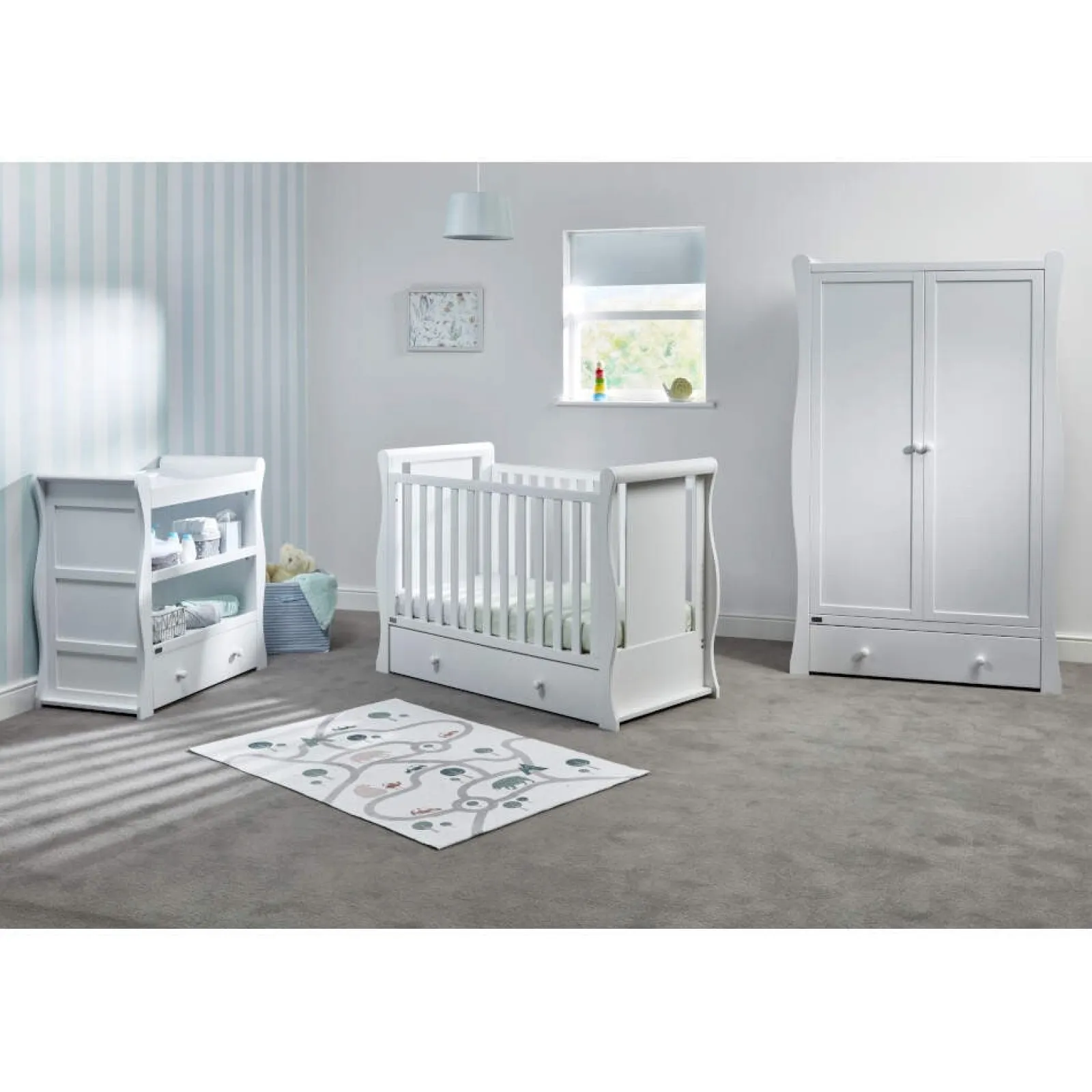 Little Helper Nursery Furniture Sets | 3 Piece Nursery Cot Bed Room Set | Willow Sleigh Collection | White