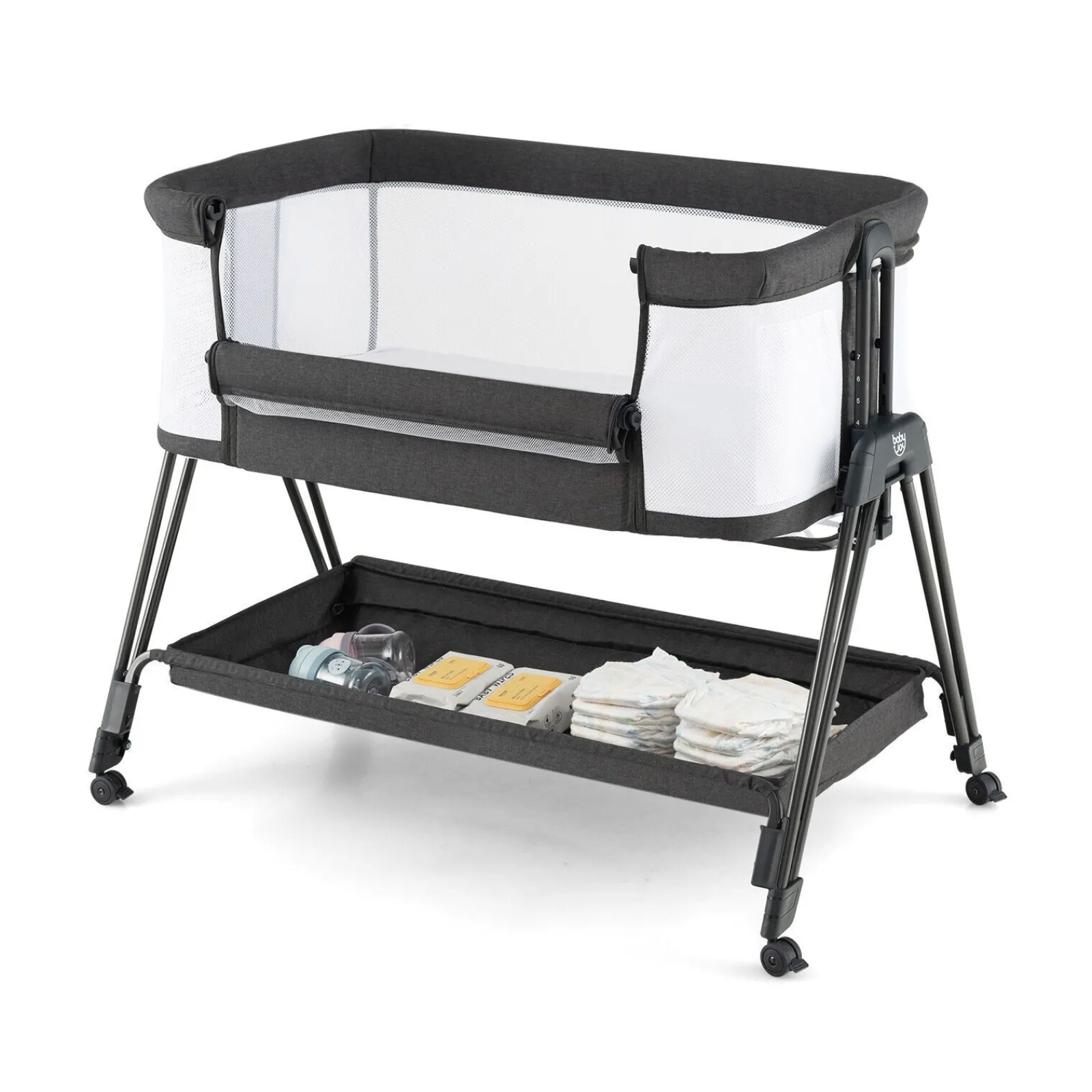 Little Helper Cots | Cribs | Portable Next-to-Me Baby Crib | Linen | 7 Adjustable Heights | Storage Shelf | Wheels | Carry Bag