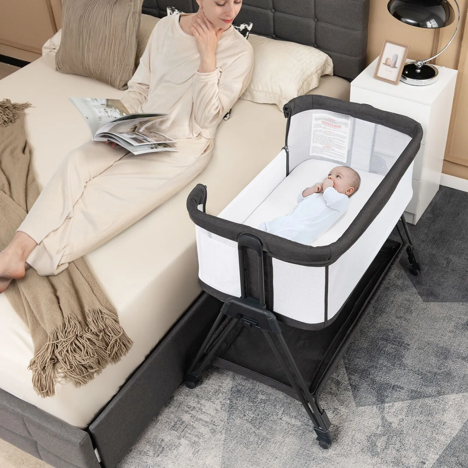 Little Helper Cots | Cribs | Portable Next-to-Me Baby Crib | Linen | 7 Adjustable Heights | Storage Shelf | Wheels | Carry Bag