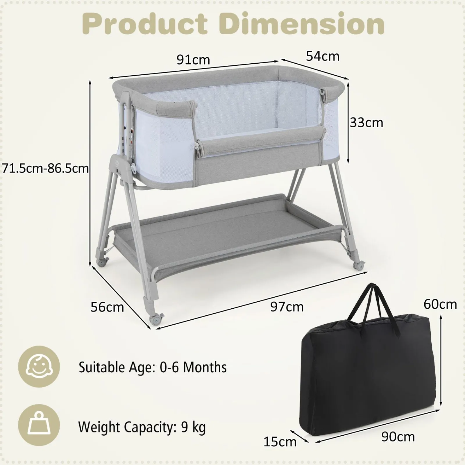 Little Helper Cots | Cribs | Portable Next-to-Me Baby Crib | Linen | 7 Adjustable Heights | Storage Shelf | Wheels | Carry Bag