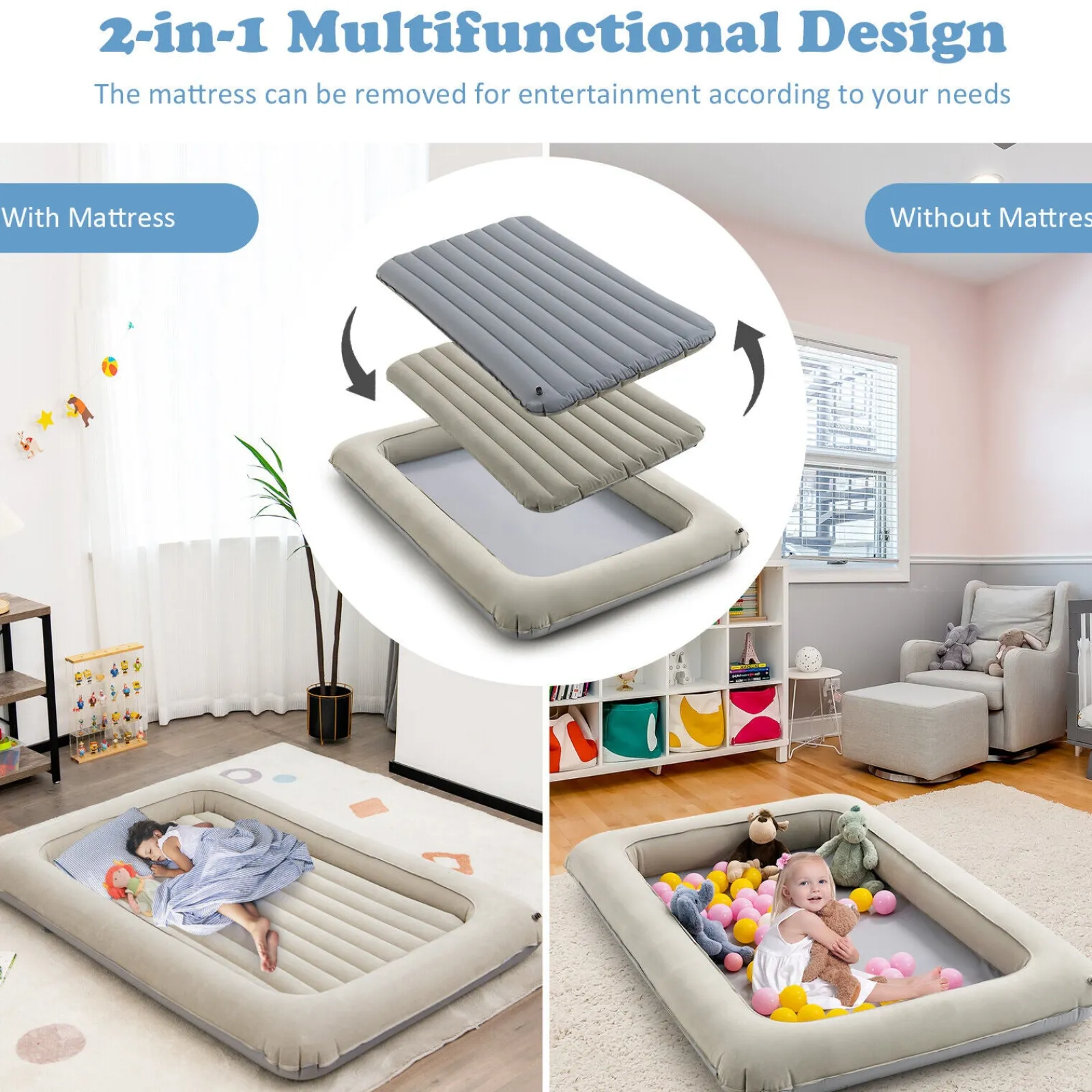 Little Helper Baby Playpens | Travel Cots & Travel Beds | Quick Assemble Inflatable Portable Kids Travel Bed & Ball Pool | Mattress, Carry Bag & Air Pump | Beige | 18m+