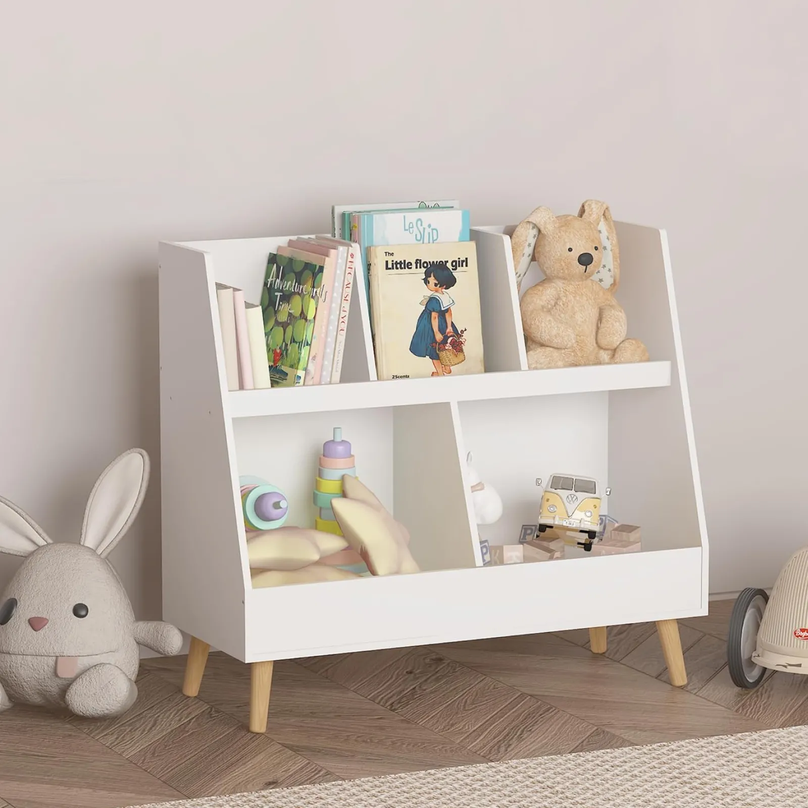 Little Helper Montessori Toys & Products | Toy Storage Units | Scandi Montessori Wood Kids Bookcase & Toy Box Storage | 72.5cm high x 80cm wide | White
