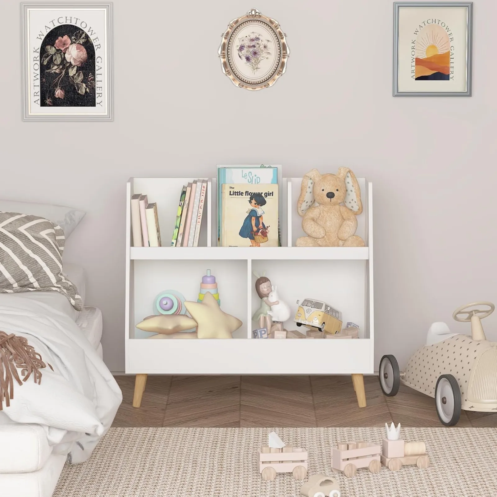 Little Helper Montessori Toys & Products | Toy Storage Units | Scandi Montessori Wood Kids Bookcase & Toy Box Storage | 72.5cm high x 80cm wide | White