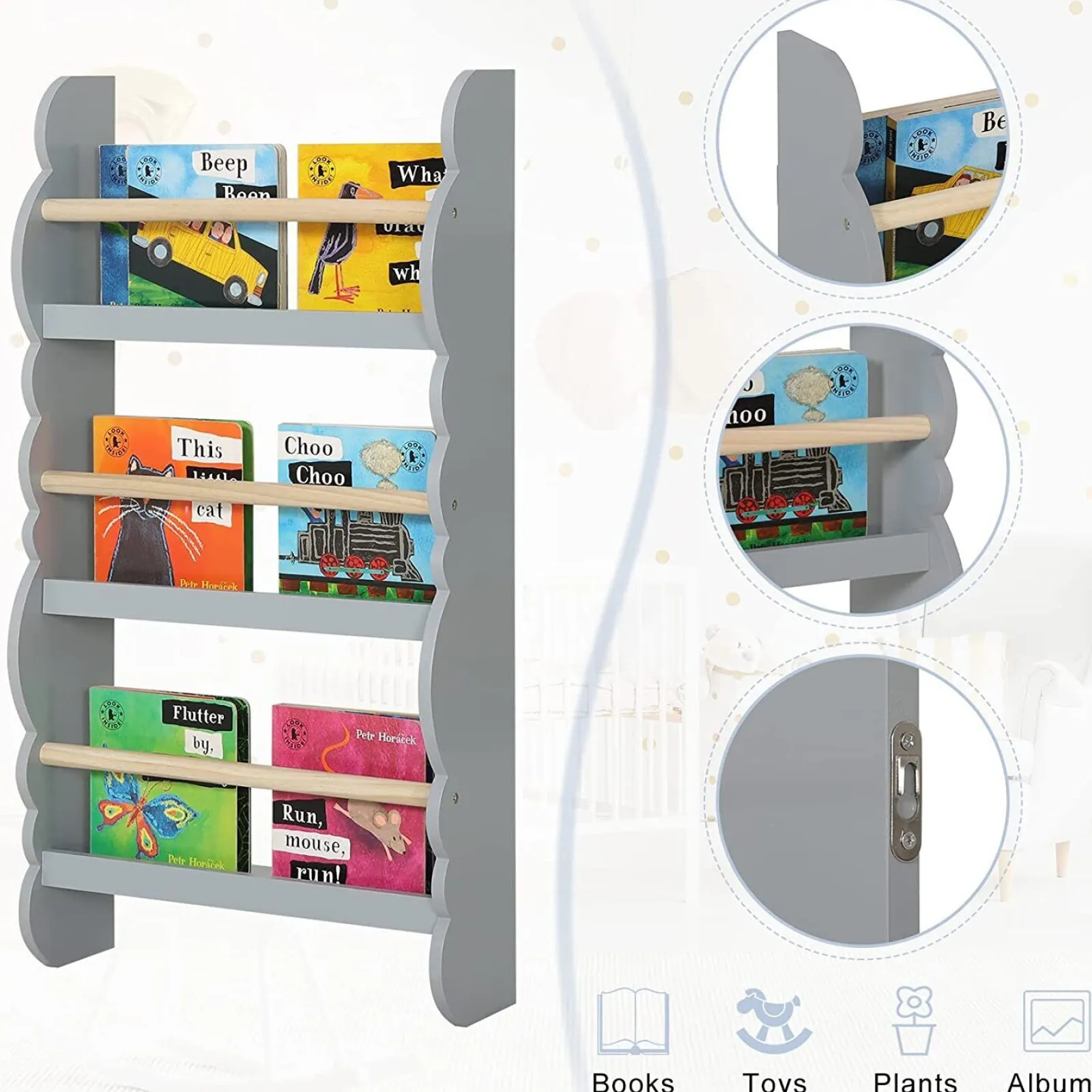Little Helper Bookcases & Kids Bookshelves | Kids Bookcases & Kids Bookshelves | Scandi-Design 3 Tier Wall Mounted Montessori Bookcase | Grey