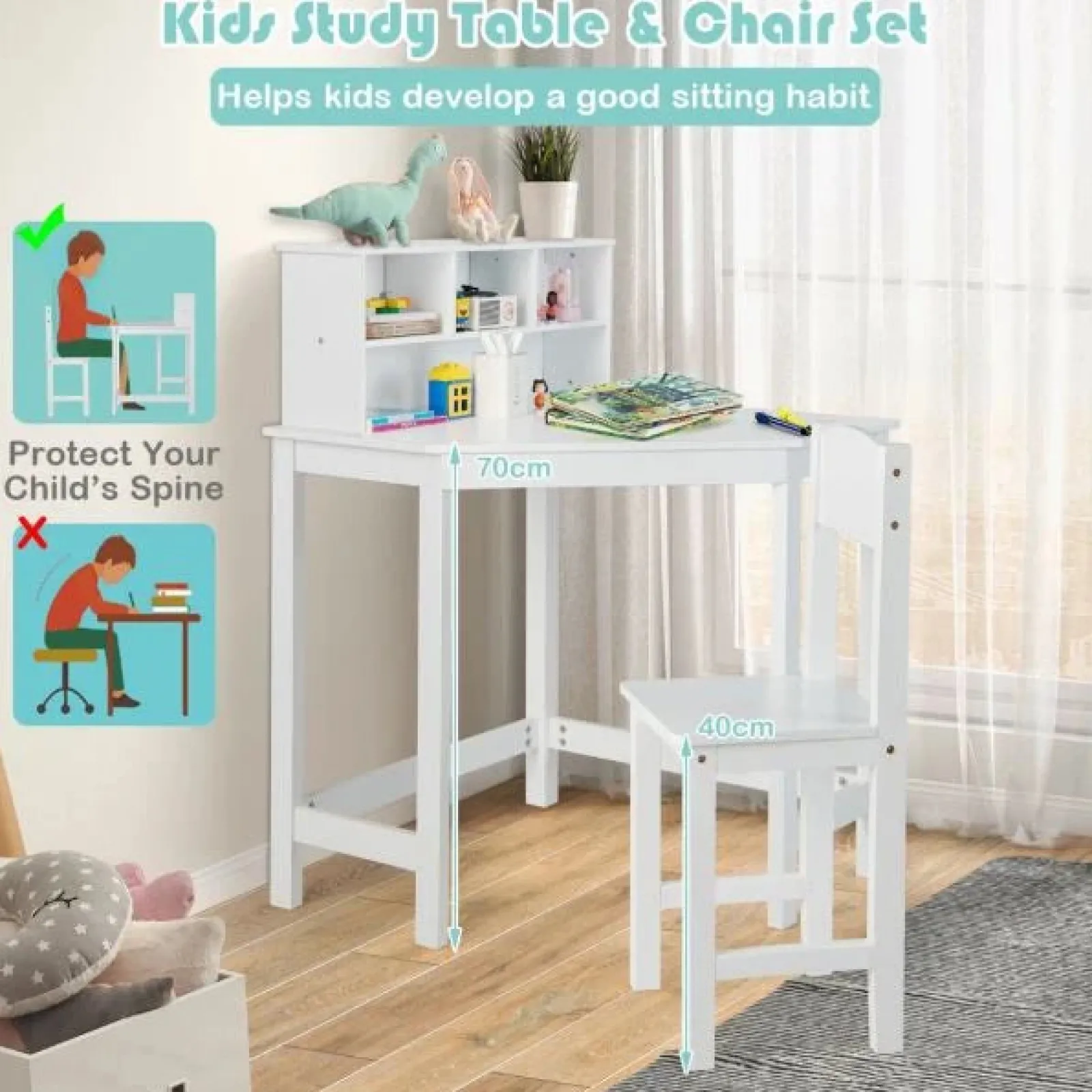 Little Helper Table & Chairs (wooden) | Scratch-resistant Space Saving Homework Desk | Corner Desk | Bureau | Storage & Chair | White