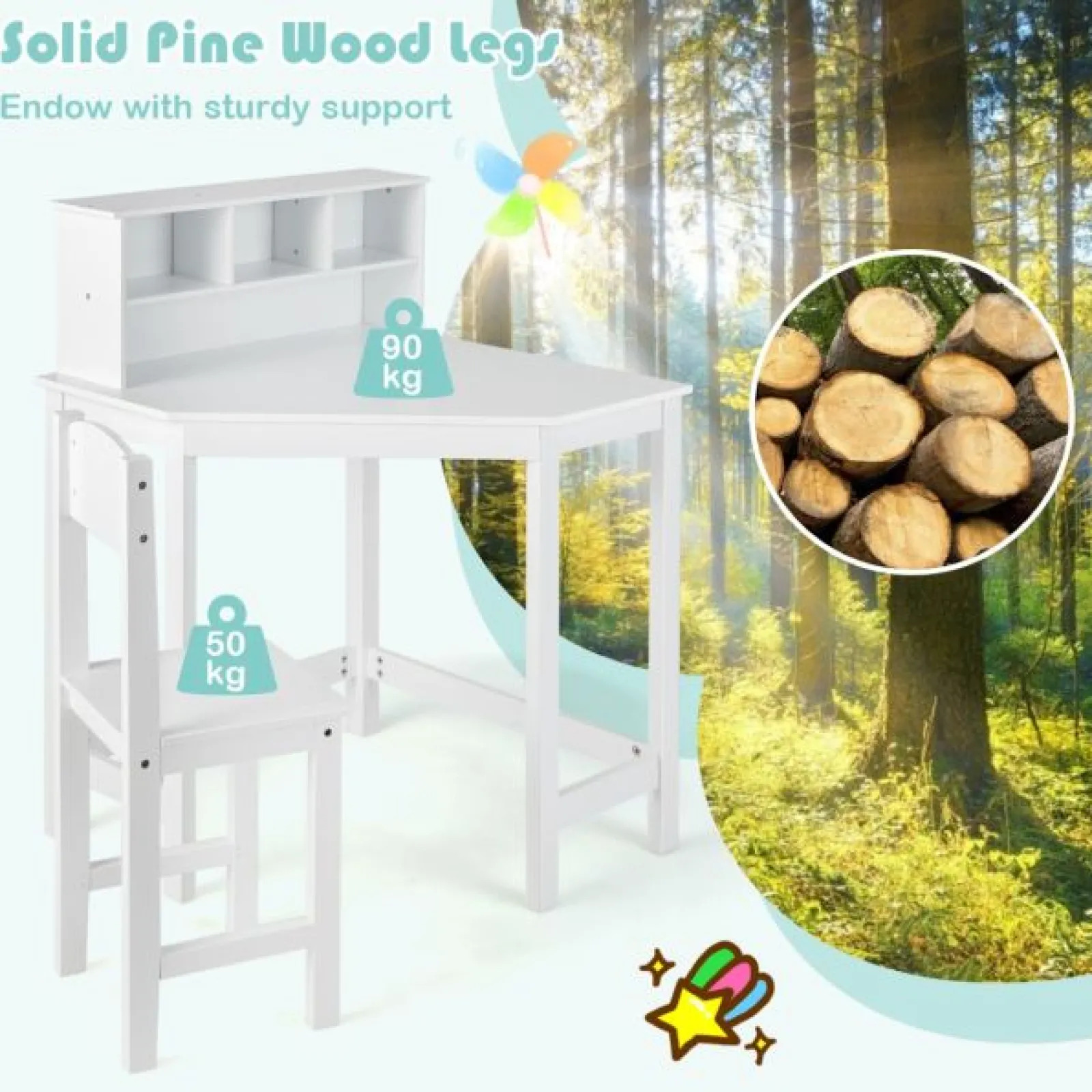 Little Helper Table & Chairs (wooden) | Scratch-resistant Space Saving Homework Desk | Corner Desk | Bureau | Storage & Chair | White