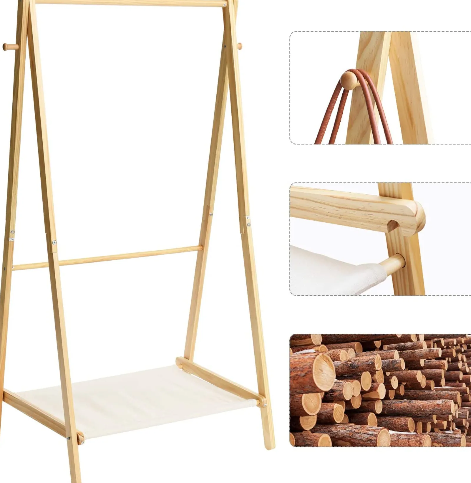 Little Helper Clothes Rail & Dressing Up Rails | Kids Clothes Rail | Solid Pine Toddler Friendly Montessori Inspired Dress up Rail | 2 rails and storage shelf | 1.5m high | Natural