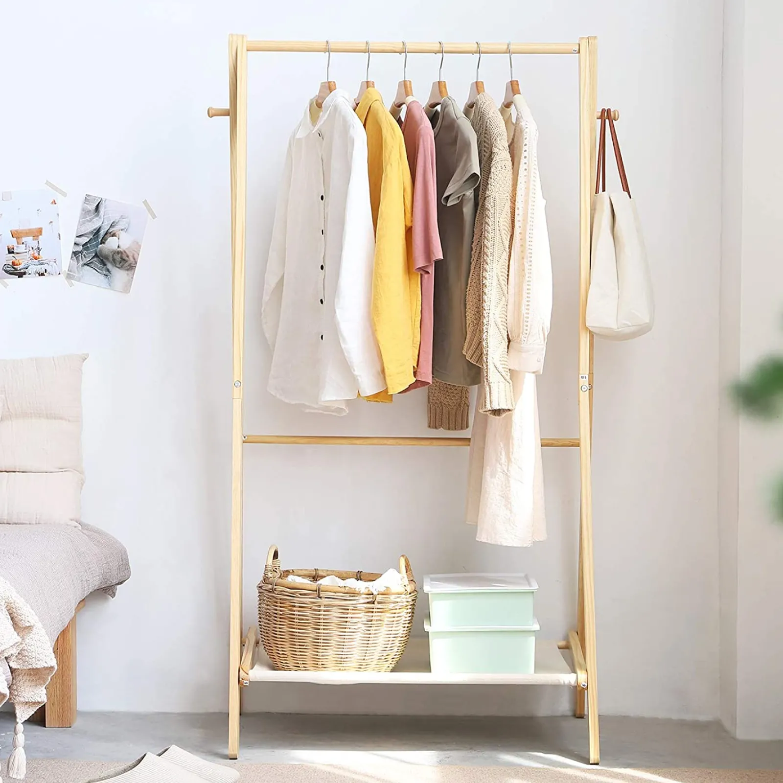 Little Helper Clothes Rail & Dressing Up Rails | Kids Clothes Rail | Solid Pine Toddler Friendly Montessori Inspired Dress up Rail | 2 rails and storage shelf | 1.5m high | Natural