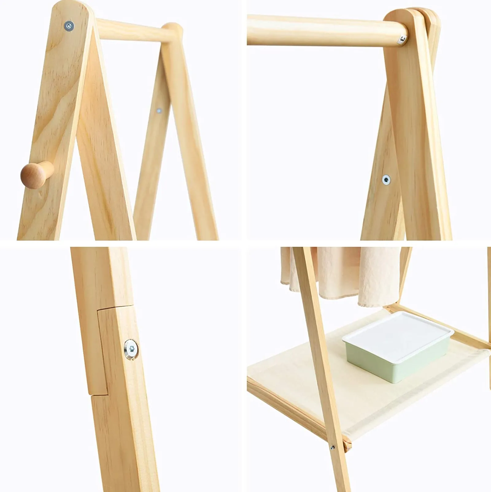 Little Helper Clothes Rail & Dressing Up Rails | Kids Clothes Rail | Solid Pine Toddler Friendly Montessori Inspired Dress up Rail | 2 rails and storage shelf | 1.5m high | Natural