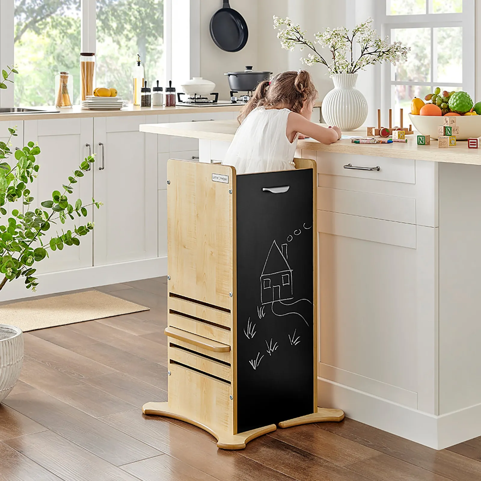 Little Helper Montessori Toys & Products | Funpod® Learning Towers | The Original 2-in-1 FunPod Toddler Tower | Learning Tower | Kitchen Helper Tower | Step Stool | Natural w/ Chalkboard Panels