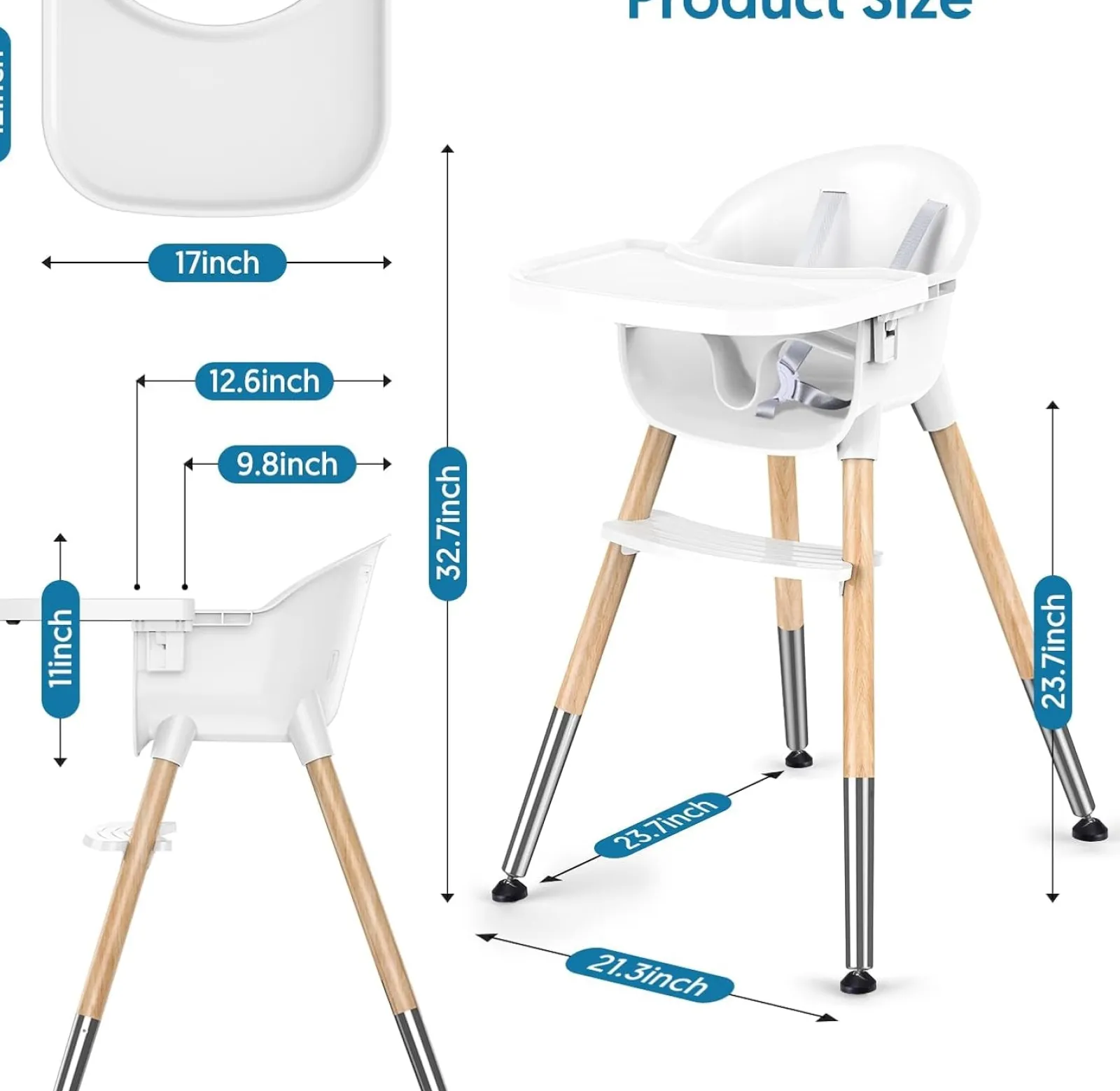 Little Helper High Chairs (wooden) | High Chairs (plastic) | Toddler Highchair with 5-Point Safety Belt | Removable Tray | White & Wooden | 6 months +