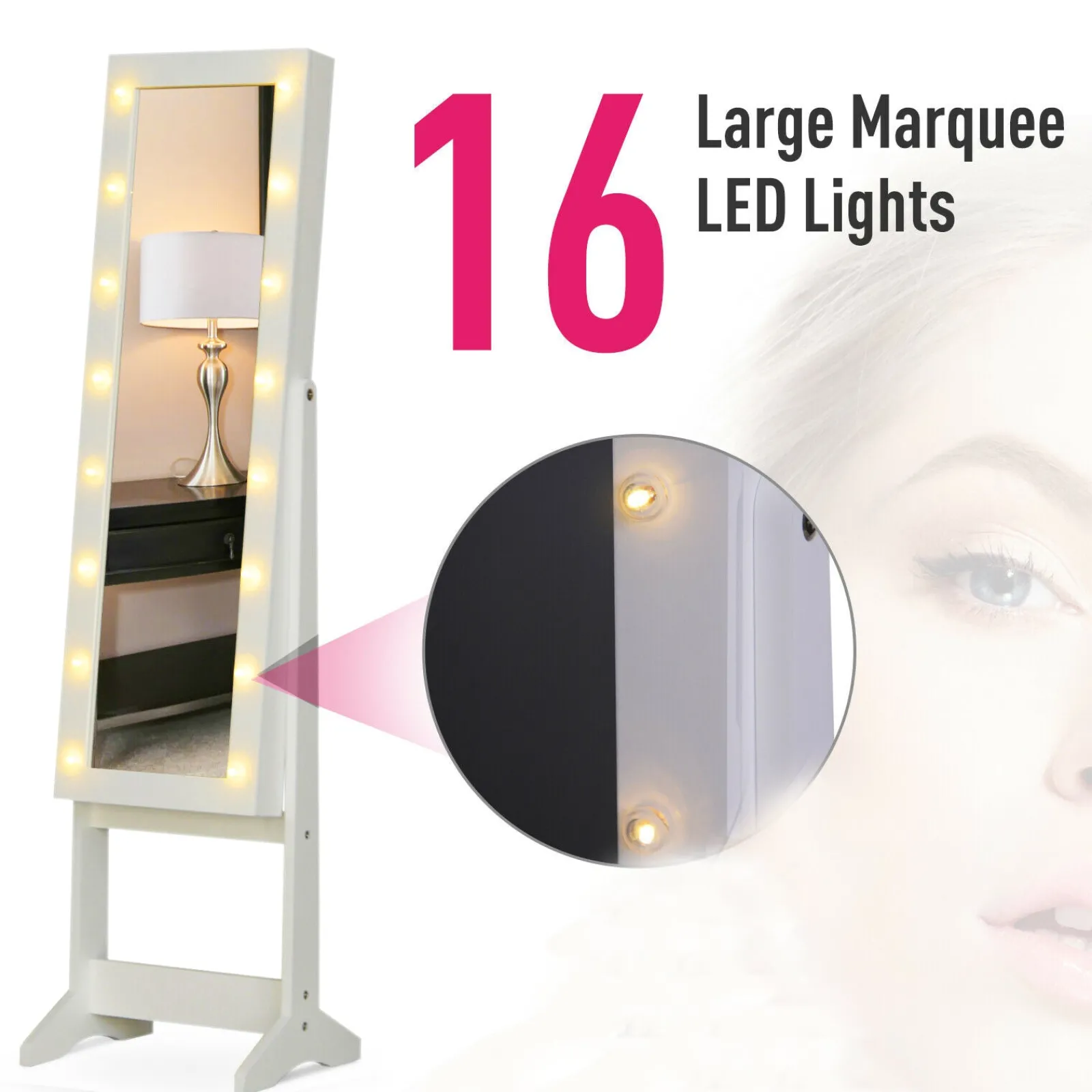 Little Helper Mirrors | White LED Full Length Free Standing Mirror | 16 Large Marquee Lights | Jewellery Storage | 1.46m High
