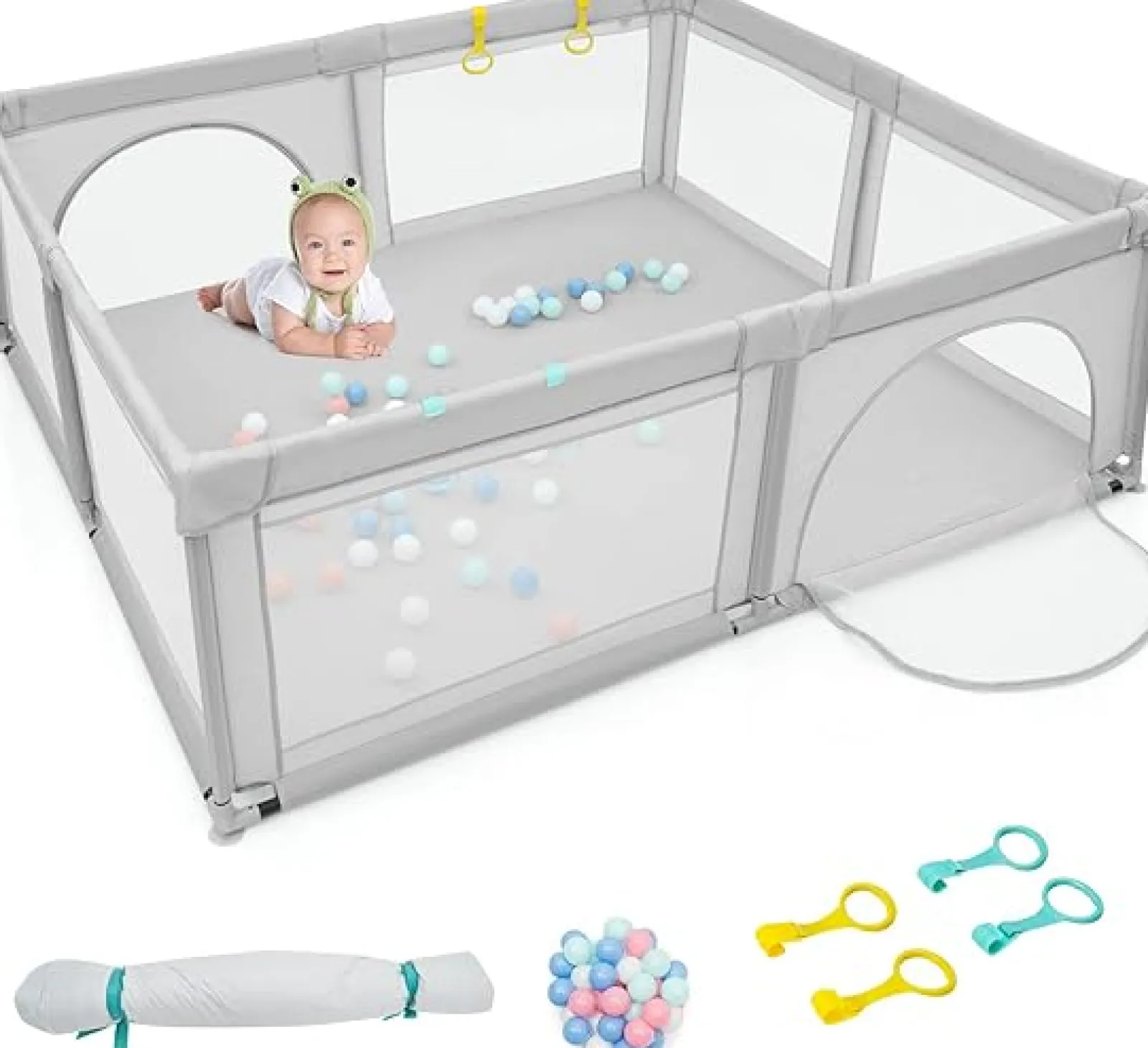 Little Helper Baby Playpens | Travel Cots & Travel Beds | XXL Baby Playpen and Ball Pool | 50 FREE balls & 4 FREE pull-up rings | 2m x 1.92m | Grey