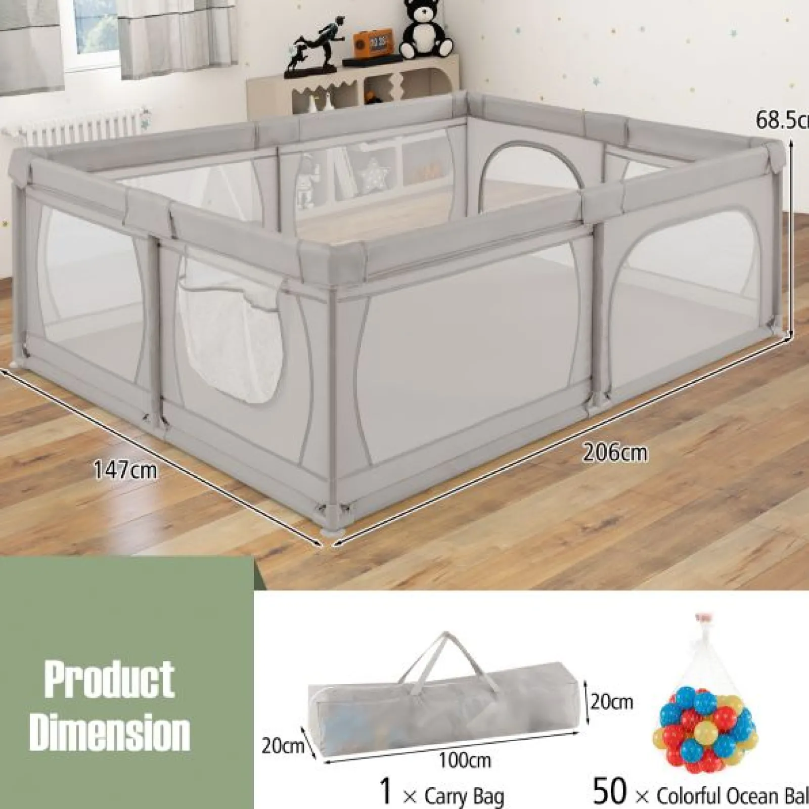 Little Helper Baby Playpens | Travel Cots & Travel Beds | XXL Baby Playpen and Ball Pool with 50 Balls & Carry Bag | Breathable Mesh Fabric | 2m x 1.5m