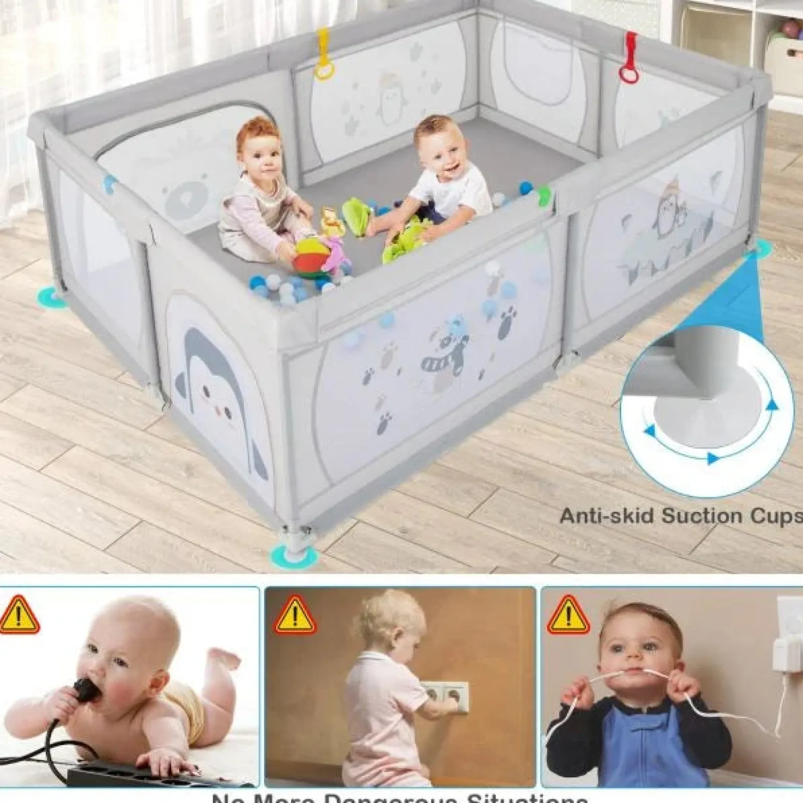 Little Helper Ball Pits & Ball Pools | Baby Playpens | XXL Baby Playpen and Ball Pool with Carry Bag & Pull-up Rings | Mesh Fabric | 2. x 1.47m | Polar Pals | Grey