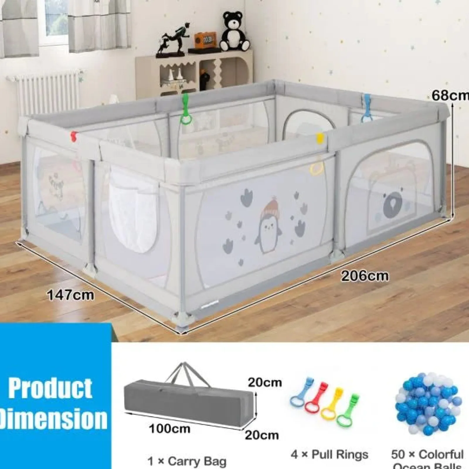 Little Helper Ball Pits & Ball Pools | Baby Playpens | XXL Baby Playpen and Ball Pool with Carry Bag & Pull-up Rings | Mesh Fabric | 2. x 1.47m | Polar Pals | Grey